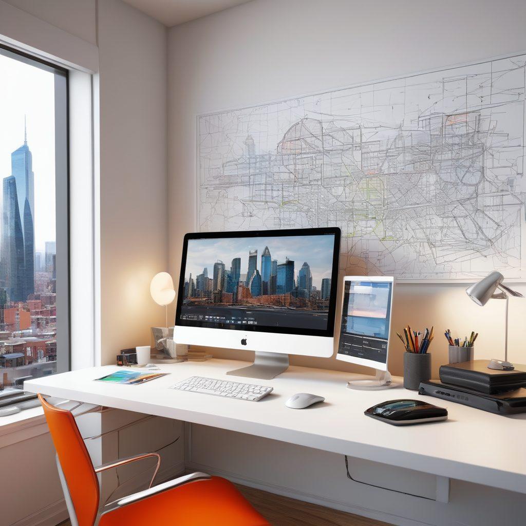 A visually captivating workspace showcasing various Autodesk tools scattered across a sleek modern desk. Include a computer screen displaying stunning 3D visualizations of architectural designs, vibrant color palettes, and wireframes. Incorporate elements like sketches and design templates, along with a backdrop of dynamic cityscapes for inspiration. The atmosphere should evoke creativity and innovation. super-realistic. vibrant colors. clean white background.