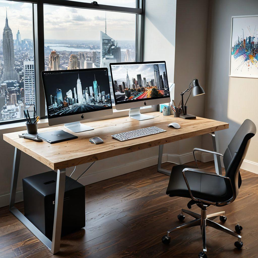 A modern workspace showcasing various Autodesk tools on a sleek desk, including a 3D model of a cityscape displayed on a monitor, vibrant sketches and design plans scattered around, and a digital tablet in use. The environment should be filled with natural light, highlighting the creative process and innovation. Bright colors. super-realistic.