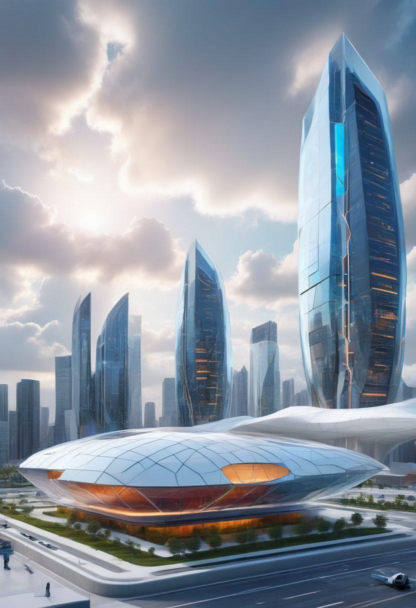 A sleek architectural landscape showcasing futuristic buildings constructed using Autodesk software, overlaid with technical design schematics. In the foreground, a 3D model of a product prototype is displayed, with vibrant colors glowing against a clean backdrop. The sky features digital clouds, symbolizing innovation and creativity in design. ultra-realistic. vibrant colors. white background.